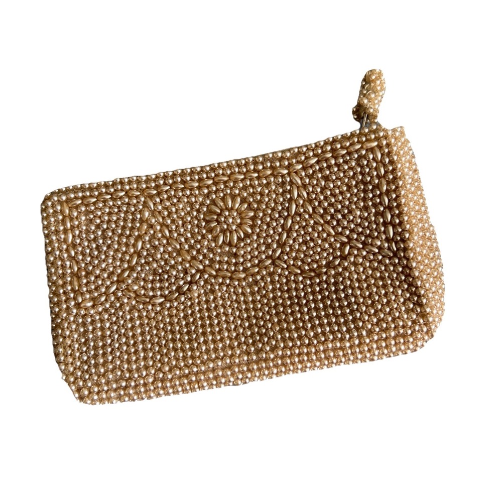 Beaded Coin Purse Small Zipper Bag Vintage Style‎ Pearl Design Made In Japan EUC